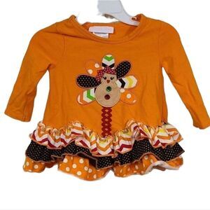 Bonnie Jean Girls 6-9M Thanksgiving Turkey Embroidered Frilly Ruffle Top Orange